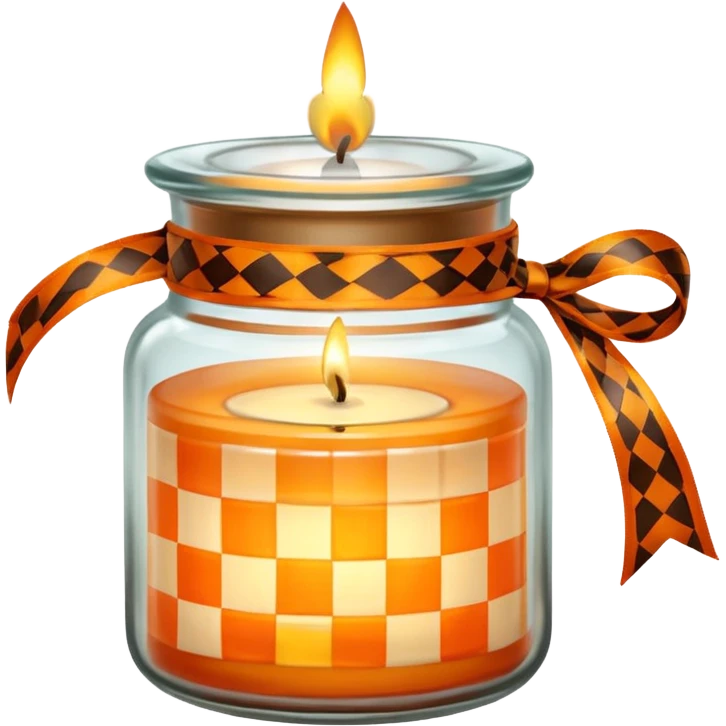 Glass jar with a candle in it and an orange checkered ribbon emoji