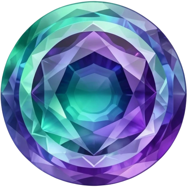 round cut fluorite gem with layered green, purple, and blue hues and holographic shine emoji