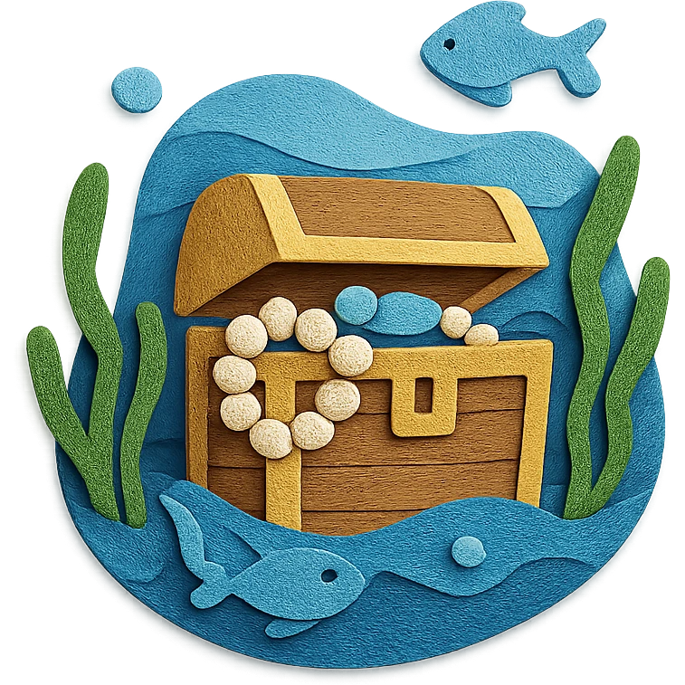 treasure chest underwater with pearls, seaweed, and fish, layered paper effect in paper-craft style emoji