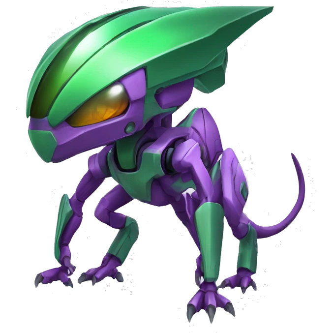 a purple-green Genesect-Raptor-Fakémon—hybrid with a futuristic visor-helmet full body emoji