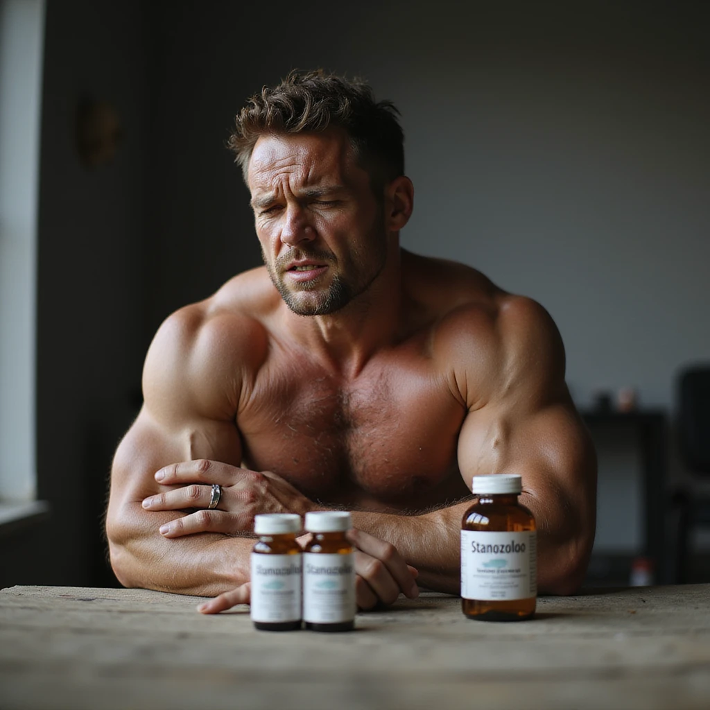 photo realistic crossfit athlete with painful expression, widespread joint problems, holding painful shoulder, visible muscles, vials labeled 'Stanozololo' on the ground nearby, natural light, gym background emoji