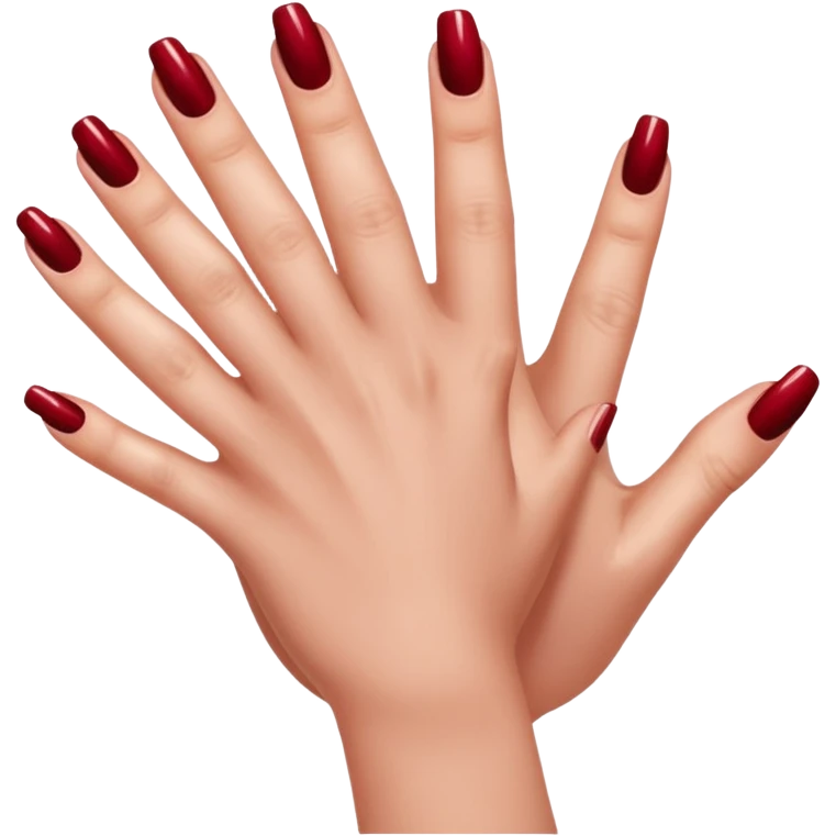 close-up of a left hand of a woman showing 3-4 fingernails out of five, painted in dark red nail polish, glossy finish, deep saturated red, smooth gradient, minimal details, clean and shiny
 emoji