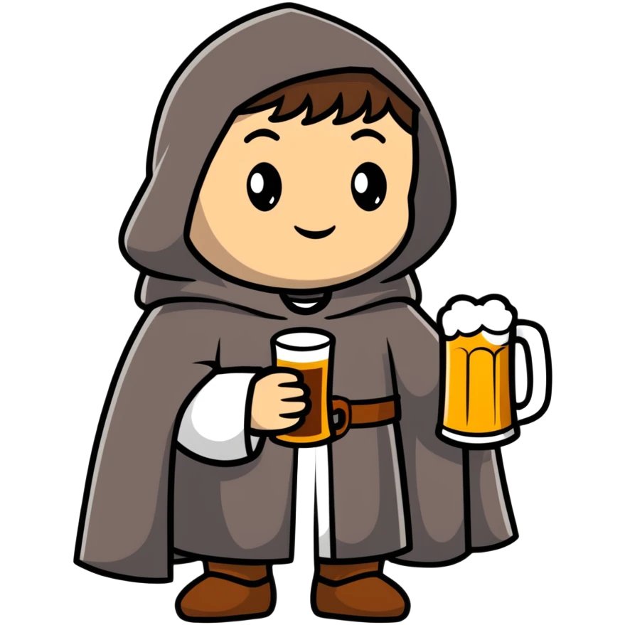 young medieval pilgrim with cloak and beer bottle emoji
