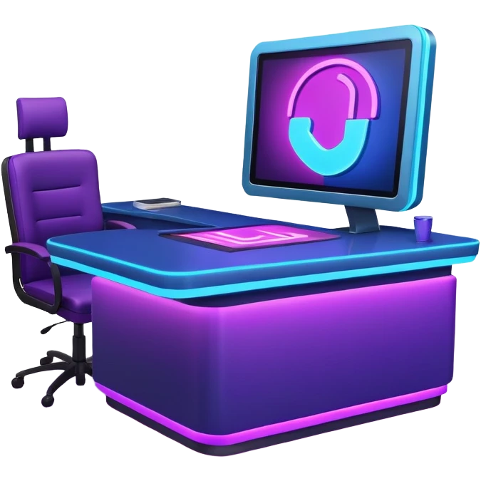 news anchor desk with neon glow effect, blue neon glow on top left, purple neon glow on bottom right emoji