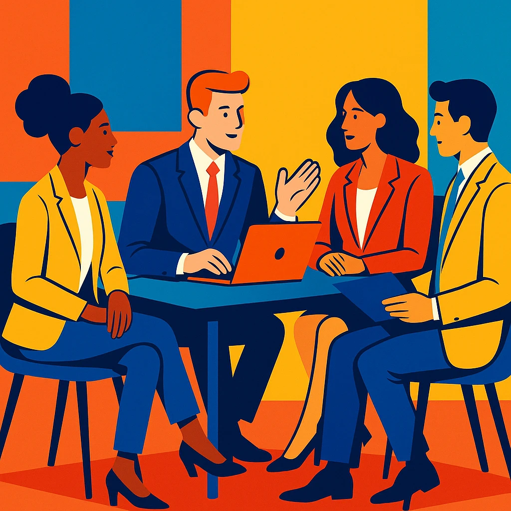 Stylish office team meeting concept with professionals in suits, vibrant colors, and a sleek table emoji