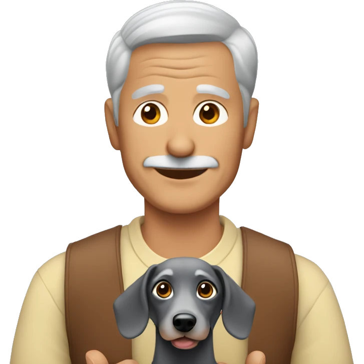 Older man with short grey hair holding a dachshund in his arms emoji