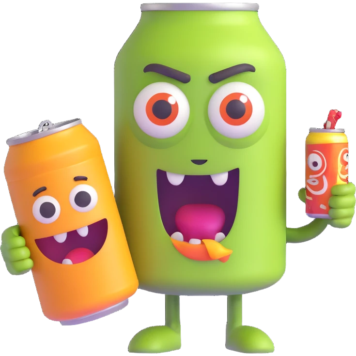 cartoon character strung out on Monster energy drink, wild eyes, jittery, holding a Monster can, 3D emoji style emoji
