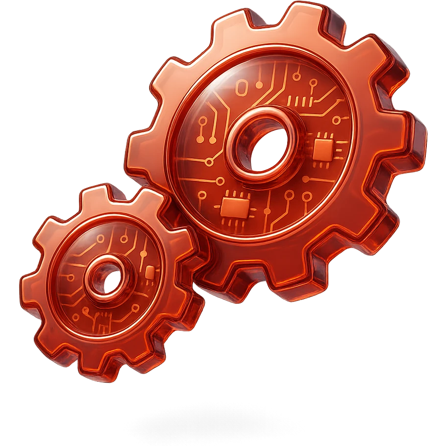 Transform the set into two round gears that are shiny and metallic, all in red color, in glossy circuit style with no background. emoji
