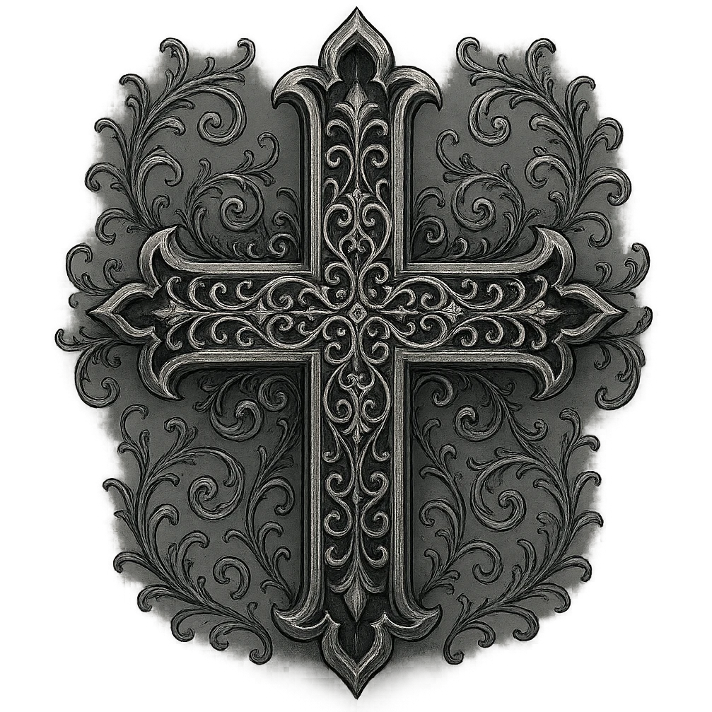 gothic cross, silver filigree, baroque gothic, elegant and mysterious emoji