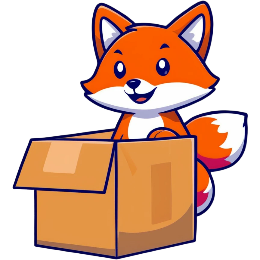Mischievous fox playing in a colorful cardboard box, kids toy style emoji