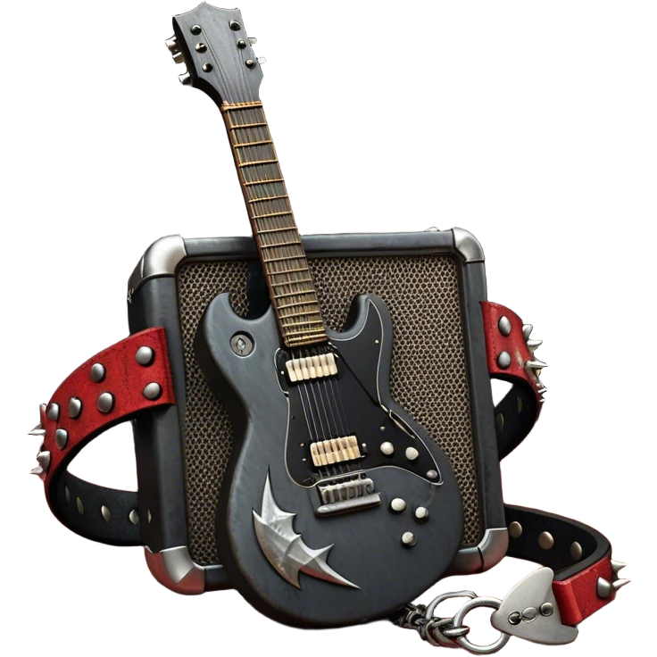 Create a powerful and dynamic humanless emoji representing rock vocals. The design should feature a classic vintage microphone with a rugged, distressed look, surrounded by elements like a guitar pick, electric guitar neck, and sound waves to reflect the raw energy of rock music. Add subtle details such as a spiked bracelet, leather textures, or bold lightning bolts to evoke the rebellious and intense spirit of rock. Use dark, edgy colors like black, red, silver, and metallic accents to emphasize the fierce, loud, and passionate nature of rock vocals. The background should be transparent. emoji