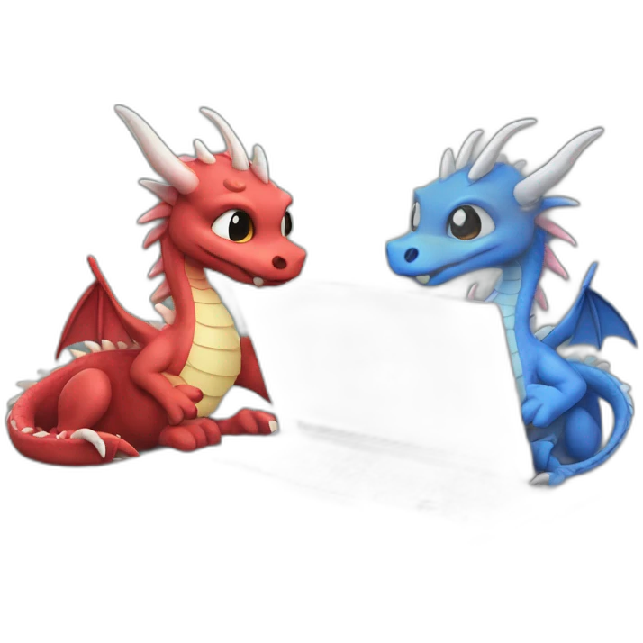two dragon friends different colors looking at a laptop emoji