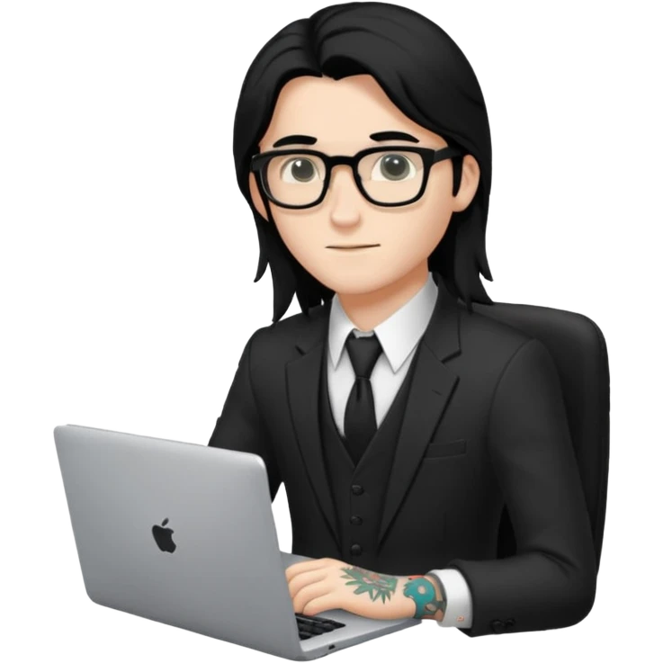 a young man with long black hair, with formal cloth, wearing glasses sitting with a laptop, tattoo inyout arms emoji