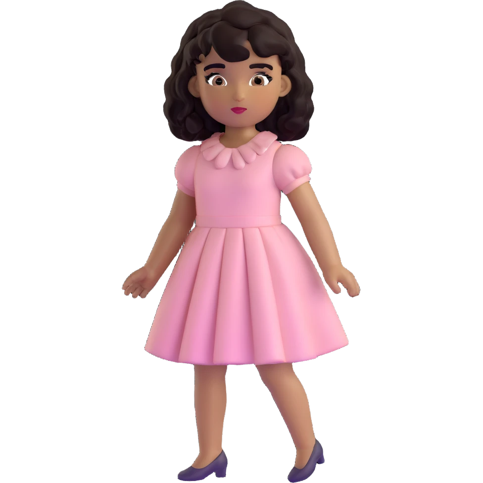 personagem de pele parda, cabelos cacheados pretos de comprimento médio com franja, olhos castanhos, maquiagem de boneca, vestido rosa claro emoji