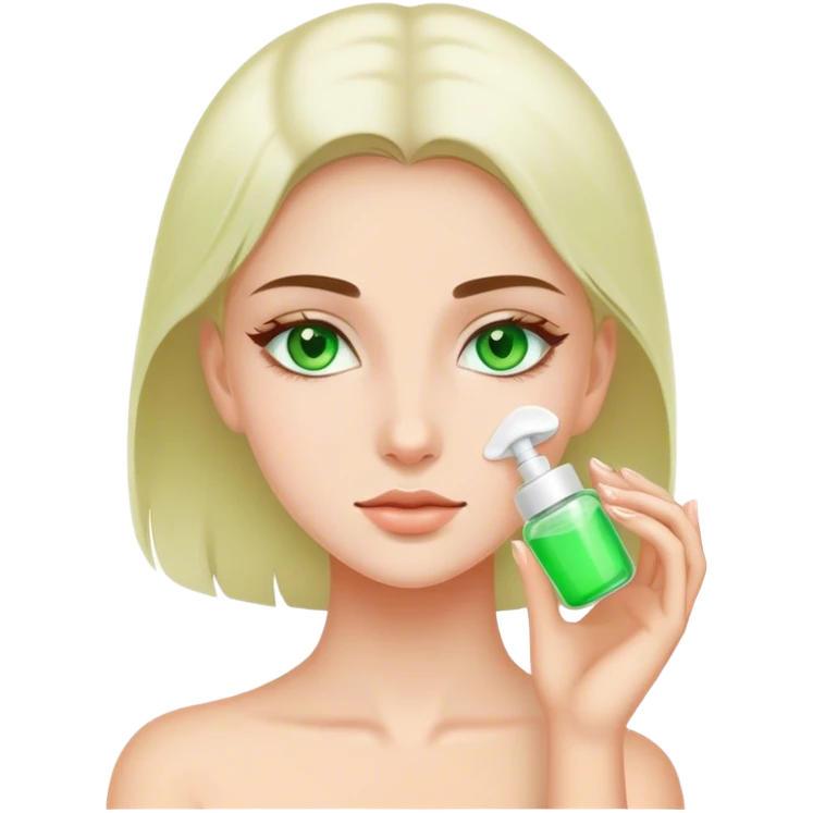 White girl doing skin care green eyes emoji