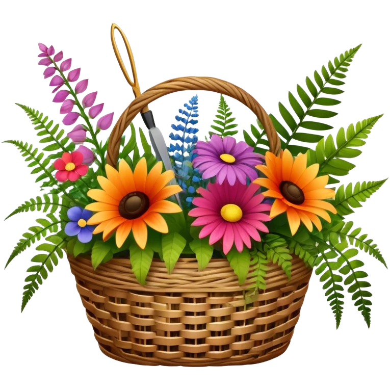 Icon for Floristry: a bouquet of flowers in a woven basket, with reeds, ferns and floral arranging tools like scissors and a flower stem. The icon should represent creativity in flower design and arranging. Transparent background. emoji