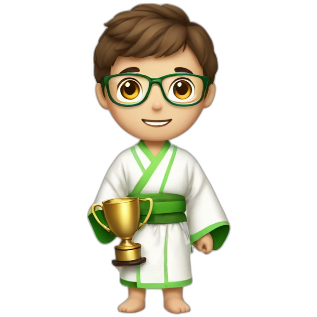 a 12-year-old boy with brown hair and glasses with a prize cup in his hands in a white kimono with a green belt emoji