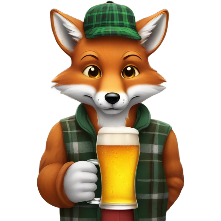 A fox in a plaid hat holding a pint of beer emoji