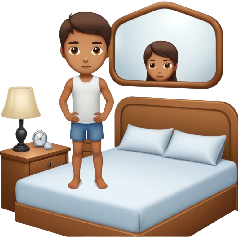 A person stands beside their bed, with determination. The bed behind them is neatly made, a mirror in front of them . A glowing sunrise outside signals the start of a productive day. emoji