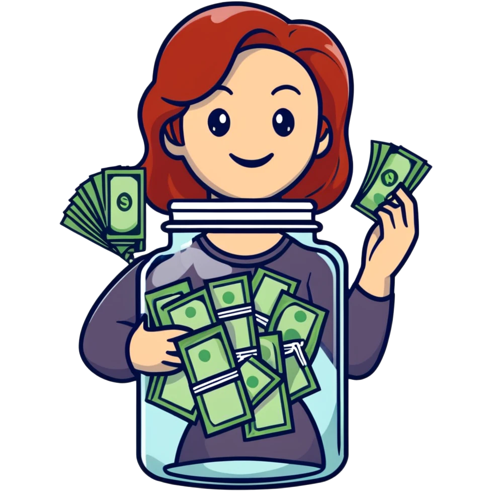 redhead woman with big smile holding glass jar with money bills inside emoji