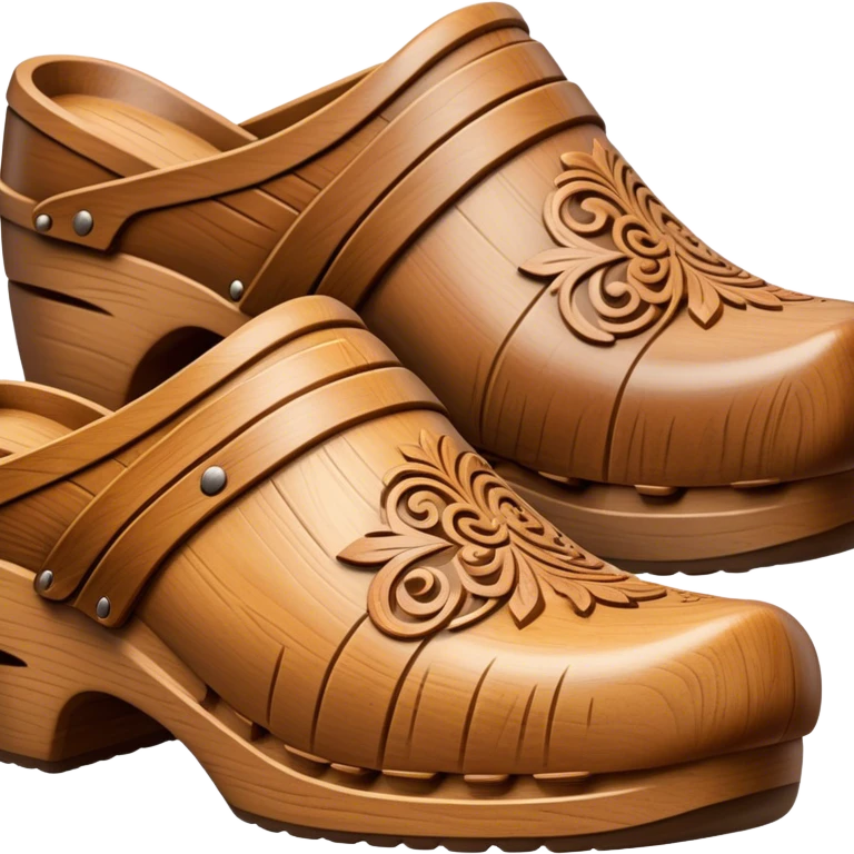 Cinematic Realistic Wooden Clogs Emoji, depicted as a pair of traditionally carved wooden clogs with intricate details and rustic charm. emoji