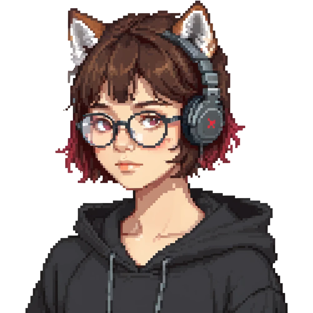 tan brunette girl with a short wolf haircut, round ruby glasses, black headphones, and a black hoodie emoji
