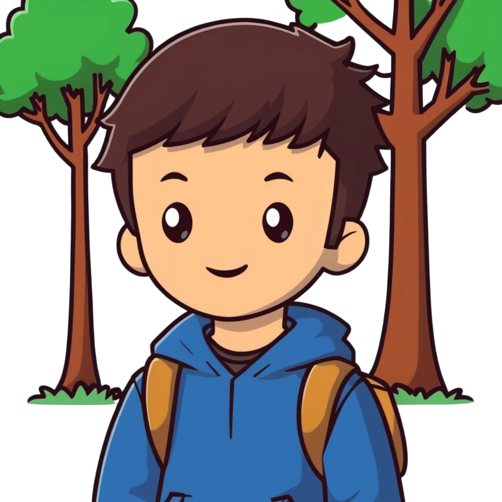 boy with straight brunette hair brown eyes and tree behind emoji
