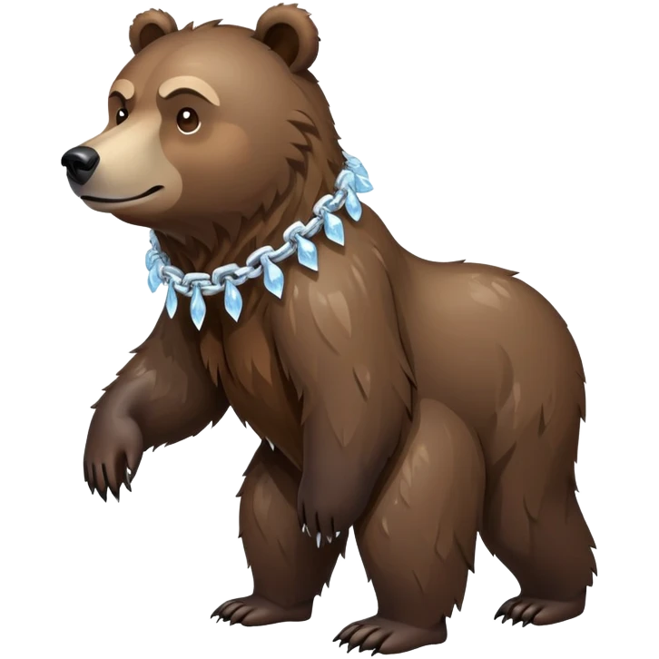 Complete view of serious grizzly bear on four paws, dark brown fur, whole body shown from head to tail, thick ice chain collar emoji