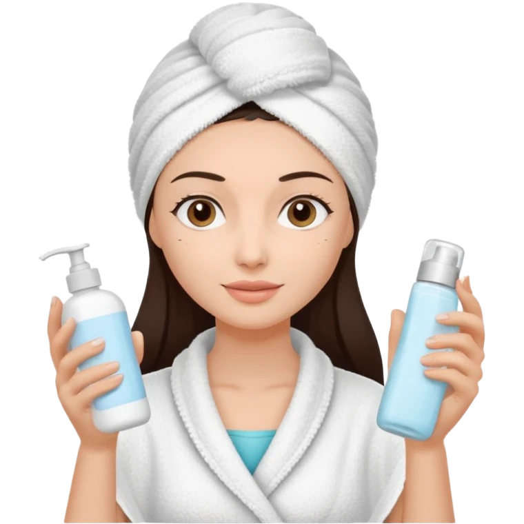 Uma mulher de toalha na cabeça pq ela acabou de sair do banho. A pele é branca/clara e cabelo marrom escuro, cabelo liso.  Ela tá com um hidratante nas mãos,  pq ela vai cuidar da pele emoji
