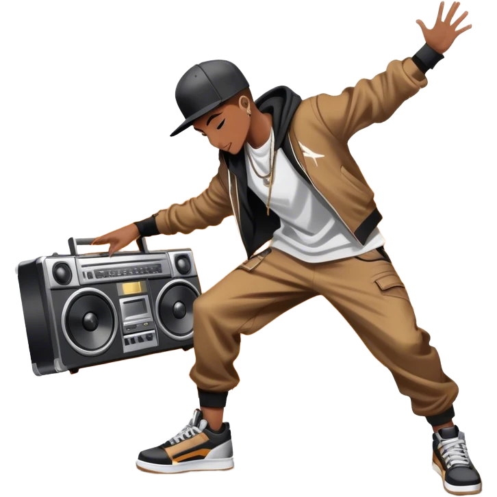 Icon for Street Dance: a dancer in urban streetwear performing a dynamic lower breakdance move, with a spray-painted background and a boombox on the asphalt. The icon should capture the energy, style, and creativity of street dance culture. Transparent background. emoji