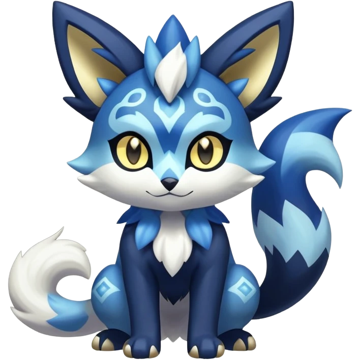 Shiny mExotic Colorfulj Excessive Mysterious Gothic Meowstic-Zorua-Poochyena-Pokémon-Fakémon-hybrid-creature (full body) with pattern-markings with golden eyes emoji