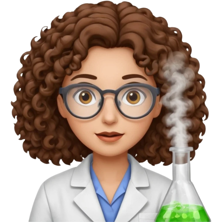 A crazy female scientist, with curly brown hair, brown eyes and grey glasses emoji