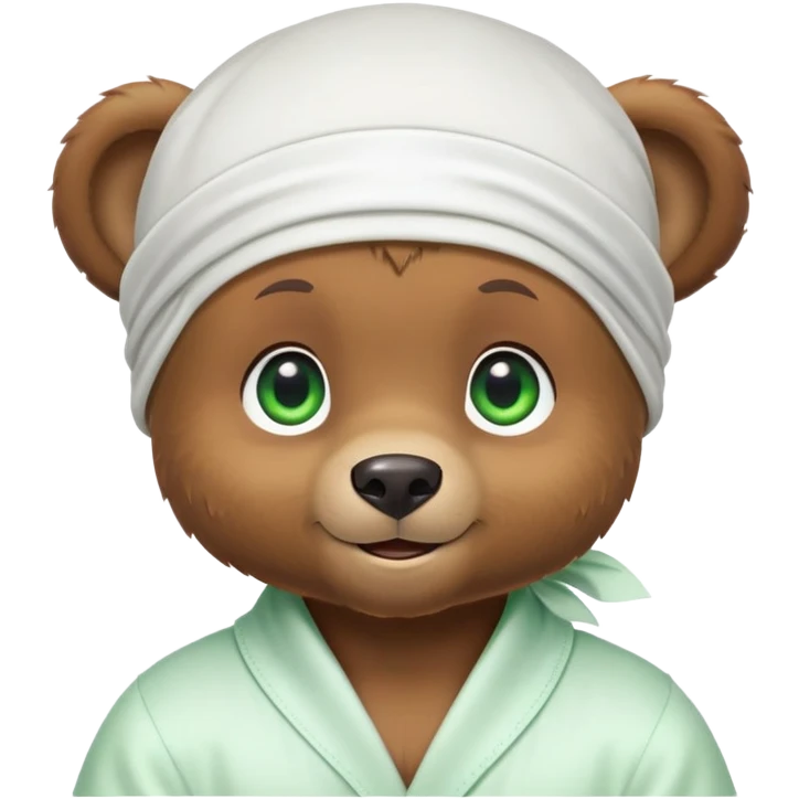 Playful brown bear cub in a white silk durag with a slight smile and bright green eyes, iOS emoji style emoji