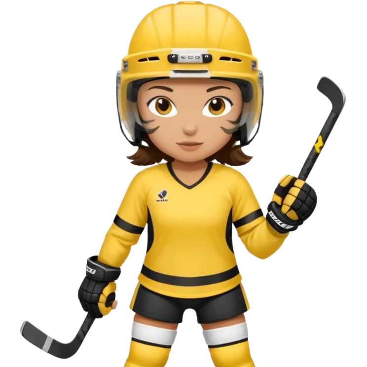 Girl hockey player with yellow and black jersey full body brunette with helmet emoji