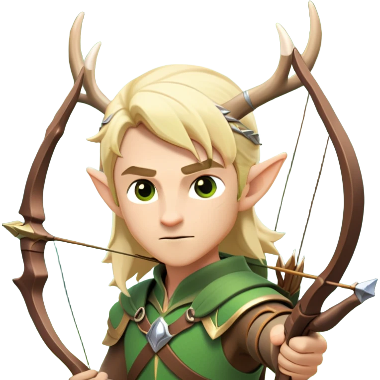 clash-of-clans-aesthetic-blond-male elf-archer-portrait-emoji, rendered in a flat, vector-style with minimal shading and bold holding his bow, simplified shapes, head tilted slightly forward with a determined, focused expression, riding a majestic stag whose antlers glow with mystical energy, set against an ancient, enchanted forest backdrop. emoji