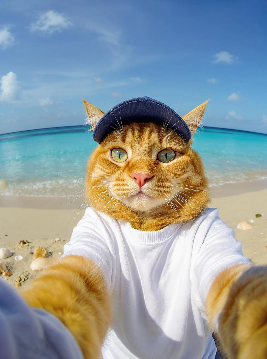 Orange tabby cat in a t-shirt and cap taking selfies against the background of beach and blue sea, shot with an 85 mm f/11 lens, ISO 100, 8K RAW, no blur emoji