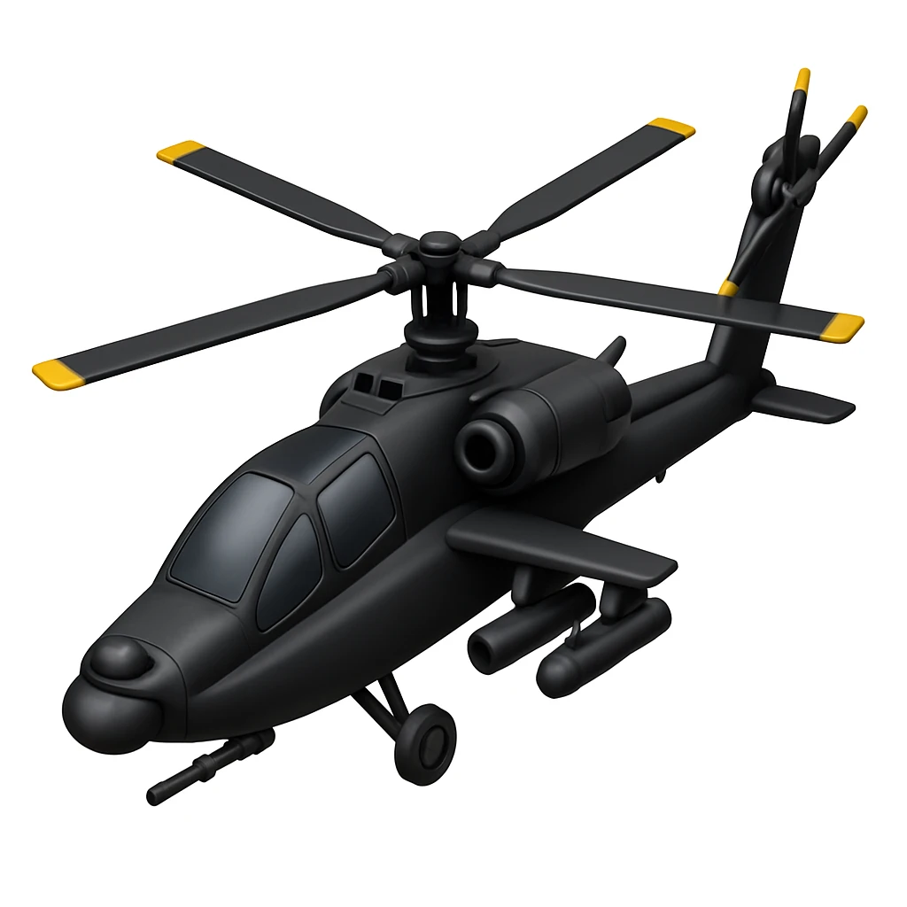 Change the angle of the Apache helicopter and make it black, keeping the emoji style look consistent with Apple style emojis. emoji
