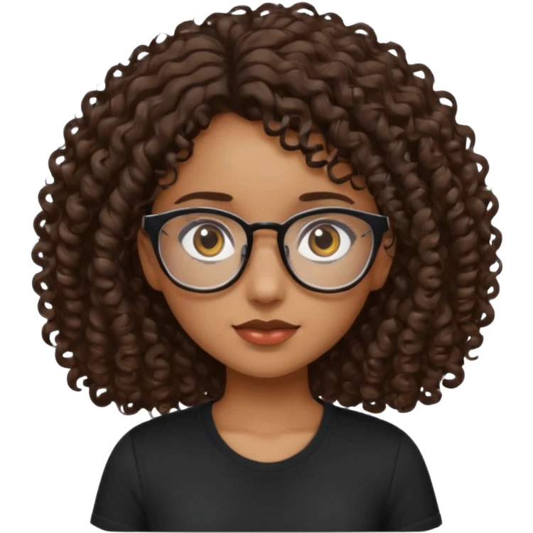 Light brown skin girl, ground eyes with glasses, dark brown eyes, curly hair dark brown waist down, short sleeve black shirt emoji