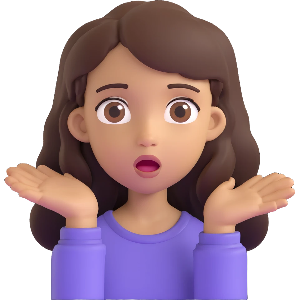 light skin brown girl with long dark brown hair and dark brown eyes, surprised expression emoji