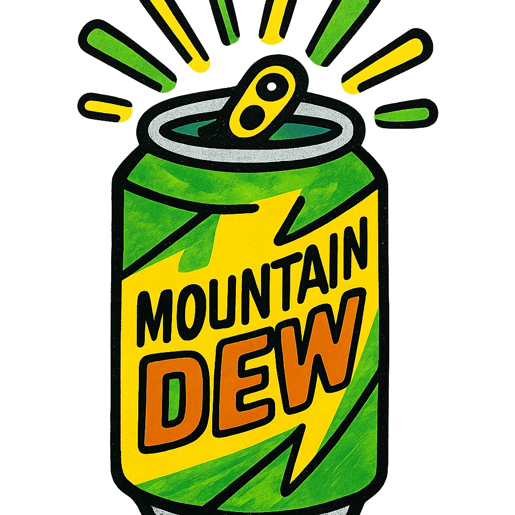 a can of Mountain Dew, vibrant and energetic, green and yellow colors, with sunshine rays bursting out when opened emoji