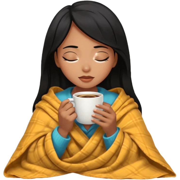 Black hair girl inside a blanket sipping coffee eyes closed emoji