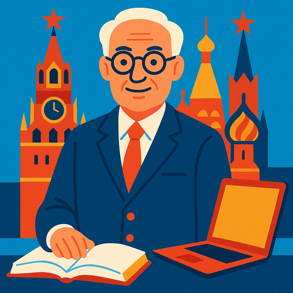 A college director with recognizable Moscow towers or stars in the background, an open book and a computer nearby, symbolizing modern education in the capital. emoji