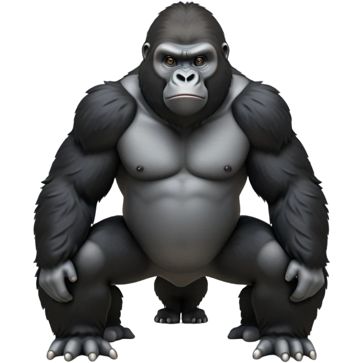 cinematic-friendly gorilla-realistic-full-body-crouched on all fours-emoji,-broad-and-powerful-frame-poised-with-confidence,-massive-arms-hanging-slightly-forward,-head-tilted-thoughtfully,-thick-black-fur,-deep-dark-eyes-full-of-intelligence,-simplified-yet-realistic emoji