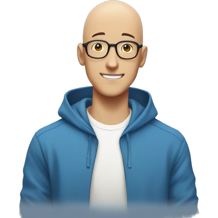bald saitama in his 20s wearing glasses smiling in a blue hoodie emoji