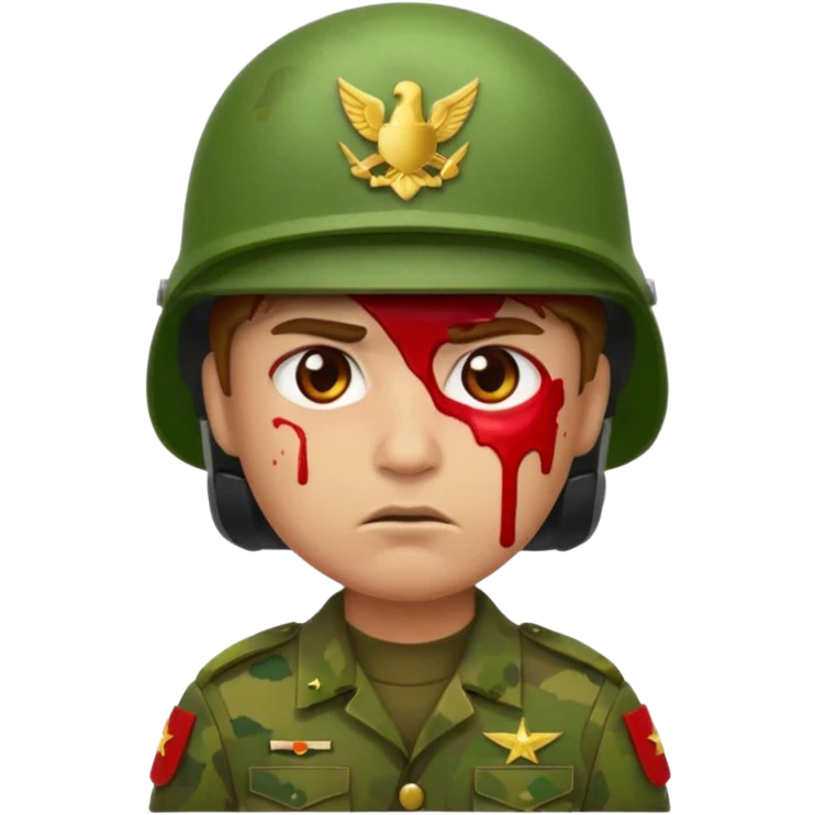 scowling soldier emoji with red skin tone, blood splatter on left cheek, wearing green helmet and military uniform, 2d apple emoji style emoji