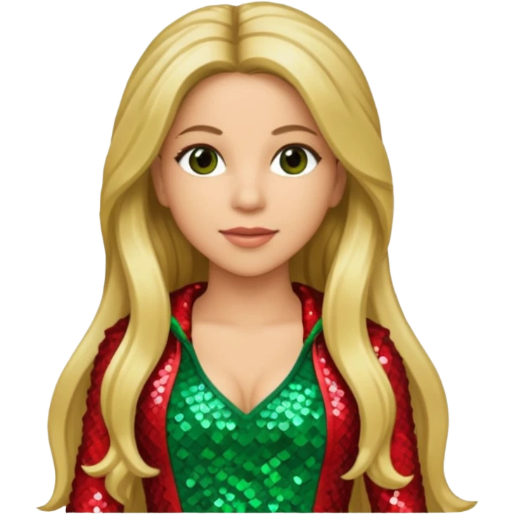 Shakira with long dark blonde hair, red green sequin outfit emoji