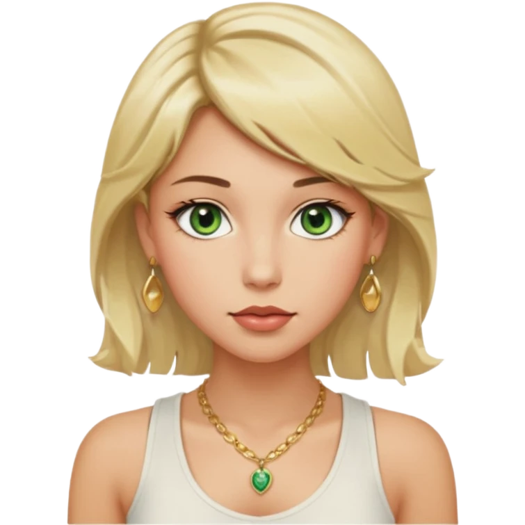 Girl with green eyes, blonde slightly wavy hair, sideswept bangs, darker roots, white but a bit tan, wearing white tank top, golden necklace and gold earrings, rosy cheeks and blushed lips emoji