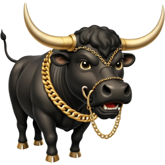 The emoji is an angry black powerful bull with steam coming out of its nose and a gold chain hanging from its neck with the inscription "bull run" emoji
