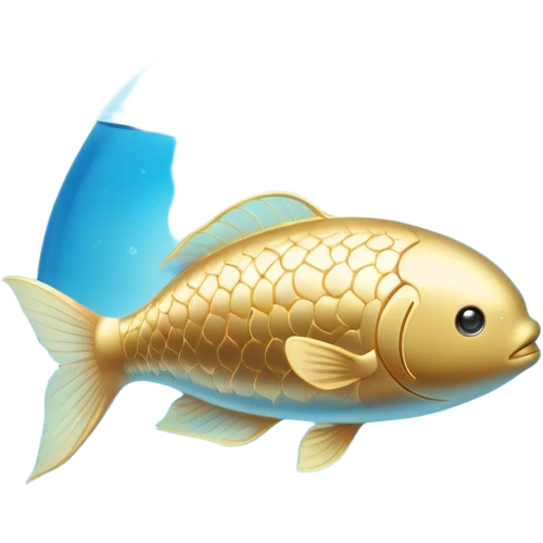 Golden capsule floating in a soft blue liquid current, with a translucent fish swimming around a luminous suspended brain. Small waves of light emanating from the brain as if expanding calm, focus and mental fluidity. Ethereal appearance with flowing elements. emoji