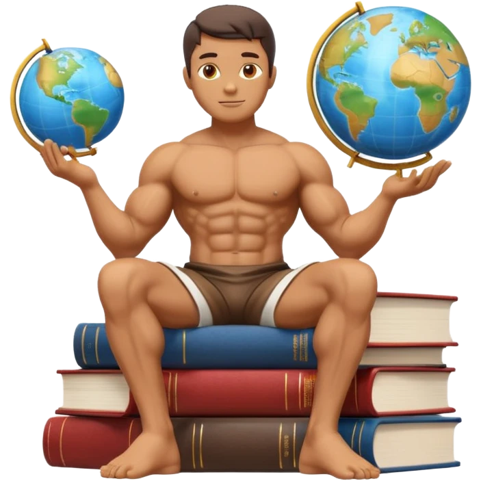 sculpted muscular stoic statue sitting on a stack of books, reading a book, with a globe nearby, emoji style emoji